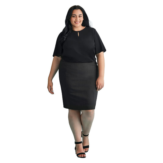 Biz Womens Cool Stretch Mid-Waist Pencil Skirt, featuring a knee-length design with encased elastic on waistband sides, concealed back zip, and hem split. Ideal for professional settings, offering comfort and breathability.