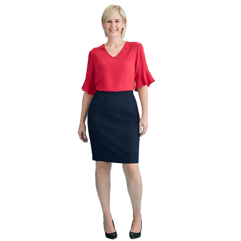 Load image into Gallery viewer, Biz Womens Cool Stretch Mid-Waist Pencil Skirt features a knee-length design with a concealed back zip and hem split, offering a sleek, professional look perfect for workplace environments.