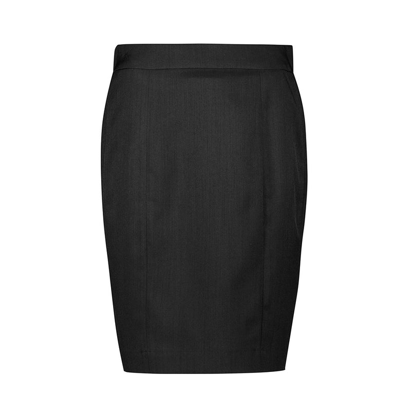Load image into Gallery viewer, Biz Womens Cool Stretch Mid-Waist Pencil Skirt, featuring a knee-length design with encased elastic waistband sides, concealed back zip, and hem split, ideal for professional settings with durable, breathable, and anti-bacterial fabric.
