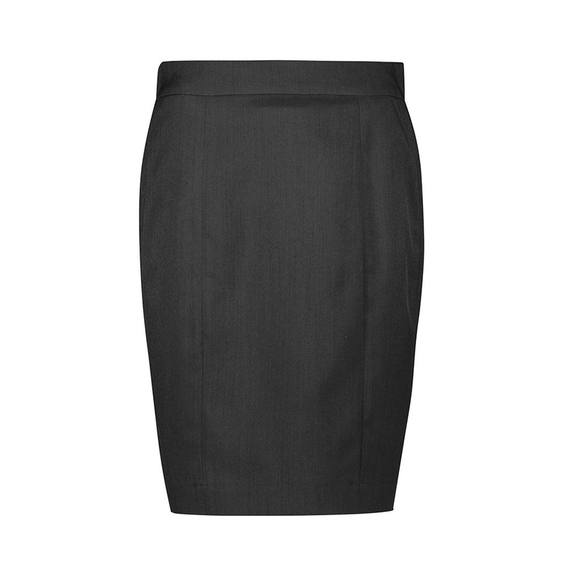 Load image into Gallery viewer, Biz Womens Cool Stretch Mid-Waist Pencil Skirt, designed for workplace comfort, features a knee-length cut with a concealed back zip, hem split, and encased elastic waistband sides for a sleek, pocket-free look.