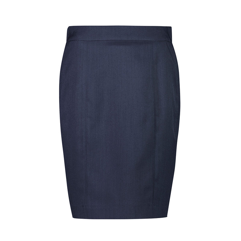 Load image into Gallery viewer, Biz Womens Cool Stretch Mid-Waist Pencil Skirt features a sleek design with a concealed back zip and knee-length finish, ideal for professional settings, offering comfort with its breathable, stretchable fabric.