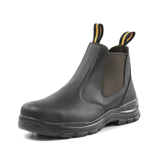 Bison Ridge Safety Boots featuring a wide-fit sole for enhanced grip and comfort, steel toe cap, and reinforced elastic side gussets for easy wear, ideal for safety and durability in active environments.