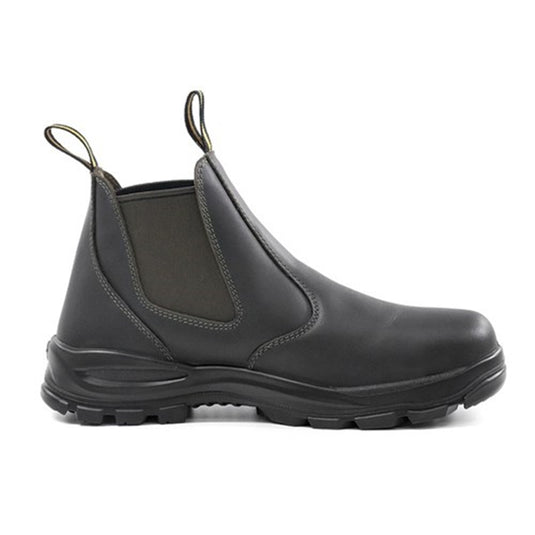 Bison Ridge Safety Boots featuring a wide fit sole and steel toe cap, designed for durability and comfort with a leather upper and TPU sole, ideal for workplace safety needs.