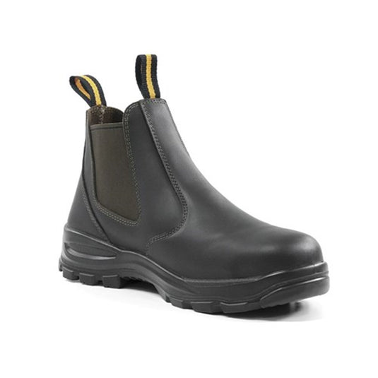 Bison Ridge Safety Boots with steel toe cap, wide fit sole for enhanced grip, and reinforced elastic side gussets. Designed for durability with a TPU sole, ideal for workplace safety.