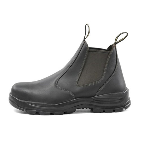 Bison Ridge Safety Boots featuring a moulded footbed, steel toe cap, and reinforced elastic side gussets, designed for enhanced grip and comfort, ideal for workplace safety in harsh conditions.