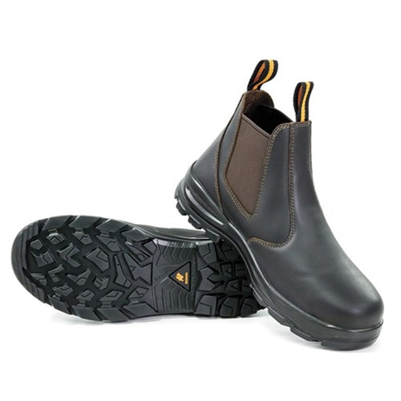 Load image into Gallery viewer, Bison Ridge Safety Boots featuring reinforced elastic side gussets for easy wear, steel toe caps, and a robust TPU sole designed for superior grip and chemical resistance, ideal for workplace safety.