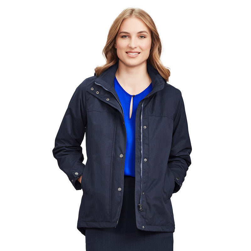 Load image into Gallery viewer, The Biz Womens Melbourne Comfort Jacket features a detachable hood, storm cover over zip, and adjustable cuffs, ideal for cooler months, blending style with functionality for workplace safety and comfort.