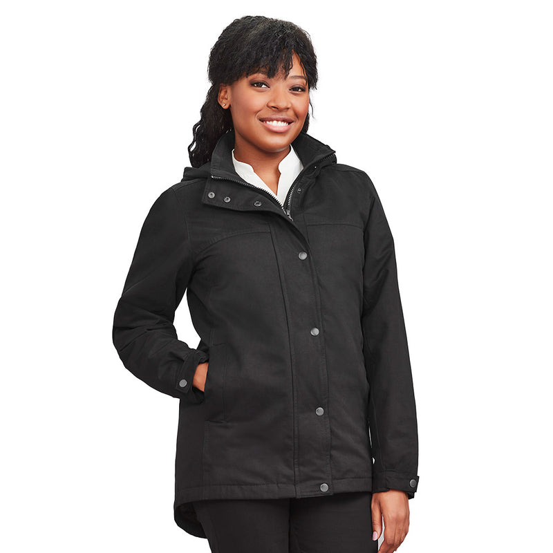 Load image into Gallery viewer, Biz Womens Melbourne Comfort Jacket showcased on a smiling woman. Features include detachable hood, storm cover, adjustable cuffs, and pockets. Ideal for cooler months, blending style with practicality.