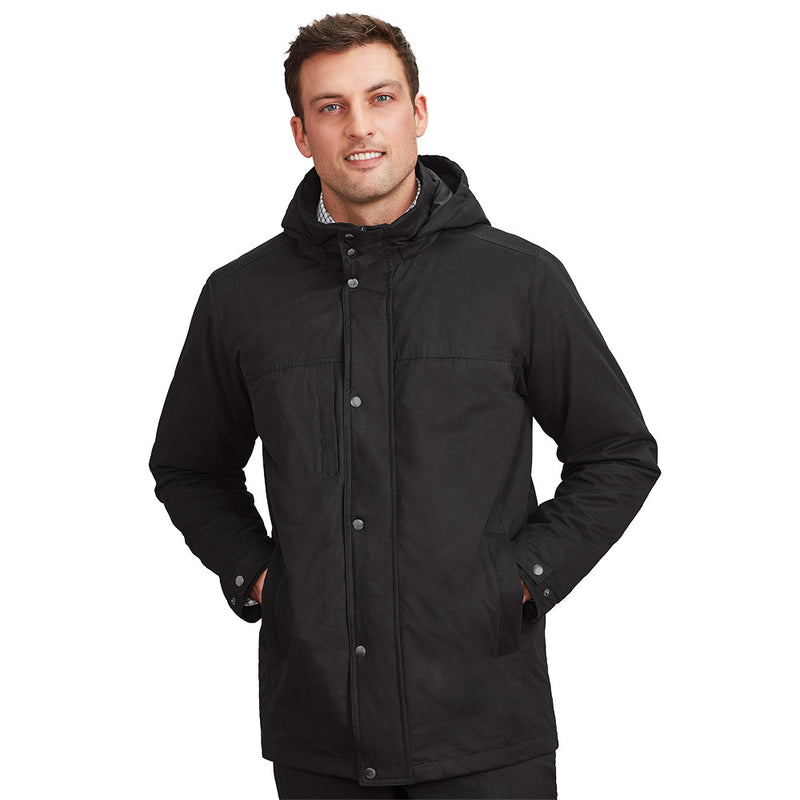 Load image into Gallery viewer, Biz Mens Melbourne Comfort Jacket, an outerwear piece featuring a detachable hood, storm cover over front zip, and multiple pockets, designed for versatility and comfort in cooler weather.