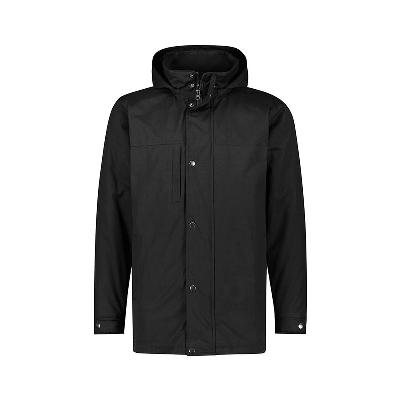 Load image into Gallery viewer, Biz Mens Melbourne Comfort Jacket with detachable hood, storm cover over front zip, and multiple pockets. Lightweight filling and water-repellent finish make it ideal for workplace safety and comfort.