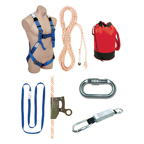 QSI Economy Roofing Kit displayed with a blue harness on a mannequin, rope grab, and safety lanyard, ideal for basic roof work, emphasizing Active Safety's focus on reliable height safety equipment.