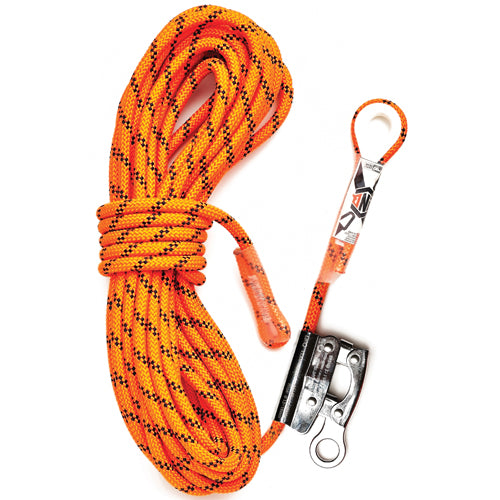 LINQ 20M Lifeline W/ Type 1 Fall Arrest Device featuring a detailed view of its kernmantle rope construction, highlighting the robust, woven exterior sheath protecting the core for enhanced strength and durability.