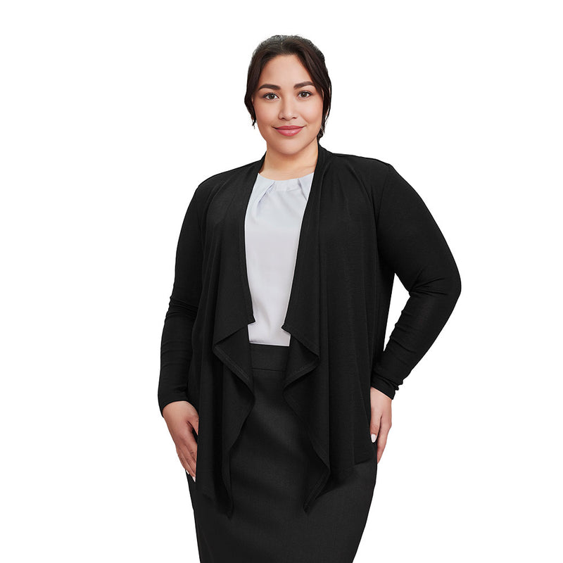 Load image into Gallery viewer, Biz Sofia Women’s Waterfall Cardigan shown on a woman, highlighting its elegant waterfall drape design, ideal for layering with smart casual or corporate attire, featuring a mid-hip length for sizes XXS-L.
