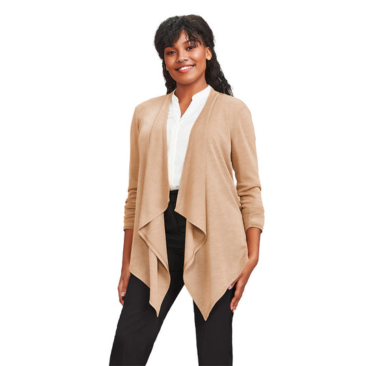 Biz Sofia Women’s Waterfall Cardigan shown on a woman, highlighting its elegant waterfall drape and mid-hip length, ideal for layering in smart-casual or corporate settings.