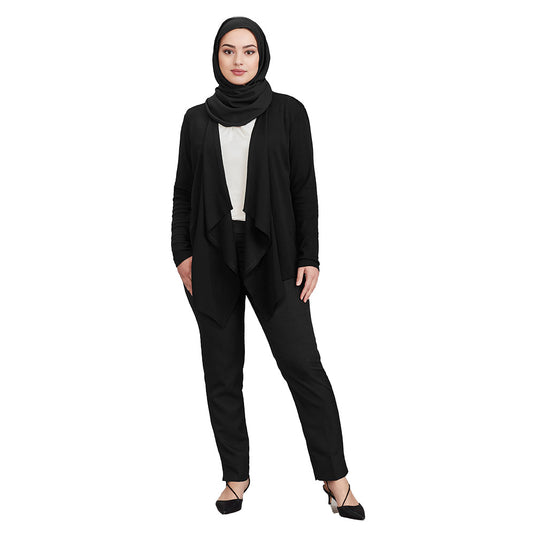 Biz Sofia Women’s Waterfall Cardigan showcased on a woman in a black outfit, featuring a soft, wool blend knit with a distinctive waterfall front drape, ideal for smart-casual or corporate wear.