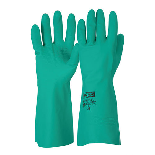 Pro Nitrile Chemical Glove 33cm, featuring textured palm for enhanced grip, premium nitrile for abrasion resistance, and soft cotton lining for comfort, ideal for industrial applications.