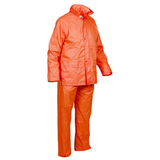 Esko Rainsuit Hi Vis Orange displayed, featuring a durable jacket with a high storm collar, zip closure, and multiple pockets, alongside matching pants with an elasticated waist, designed for extreme weather conditions.
