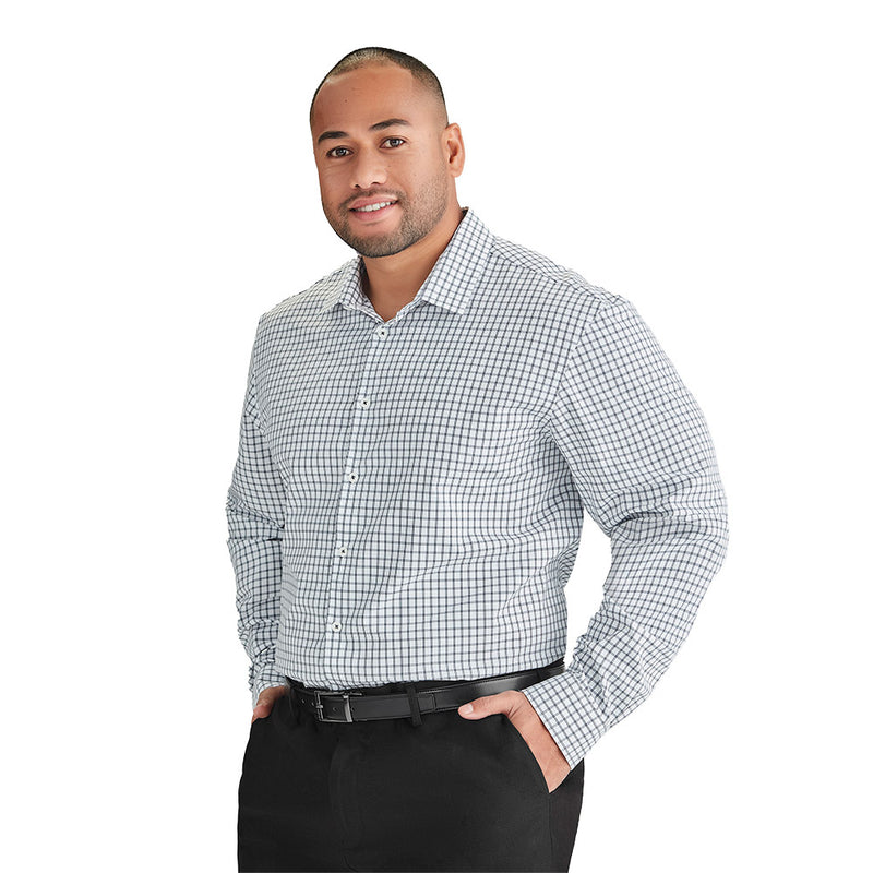 Load image into Gallery viewer, Biz Noah Long Sleeve Shirt showcased on a man standing with his hands in his pockets, highlighting its casual yet smart design, ideal for pairing with work attire or casual jeans.