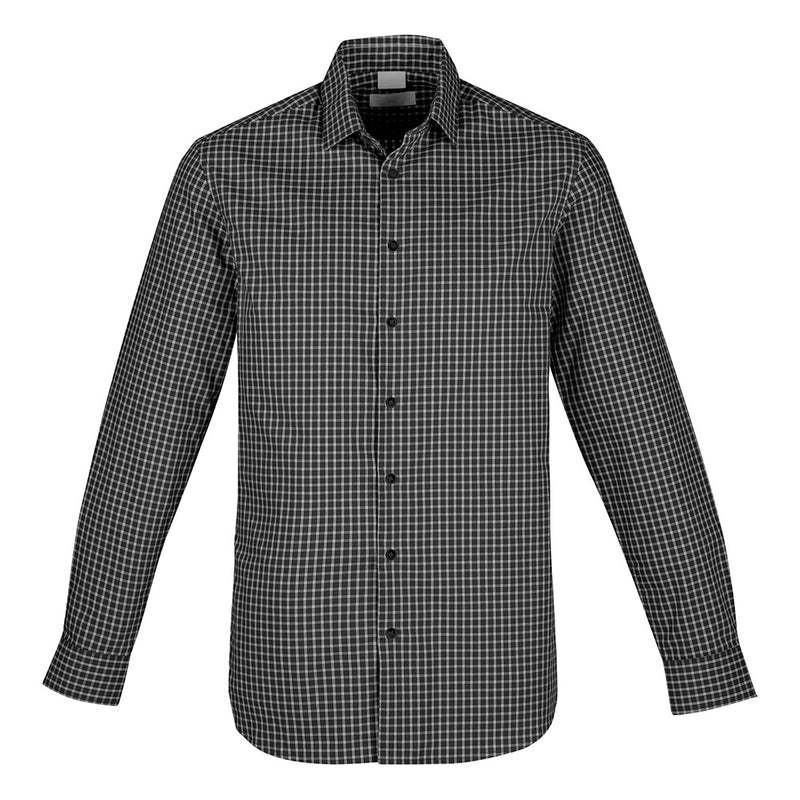 Load image into Gallery viewer, Biz Noah Long Sleeve Shirt, featuring a black and white checkered pattern, ideal for both work and casual settings. Made from breathable, lightweight 100% cotton with easy-care finish, perfect for warmer climates.
