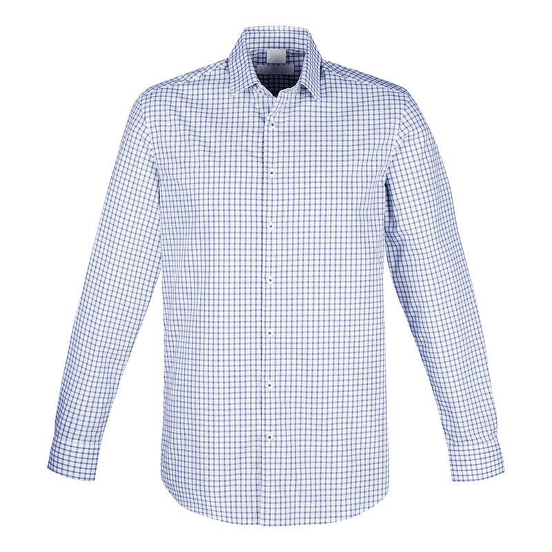 Load image into Gallery viewer, Biz Noah Long Sleeve Shirt featuring a white and blue checkered pattern, designed for versatility in work or casual settings. Made from breathable, lightweight cotton, perfect for warmer climates.