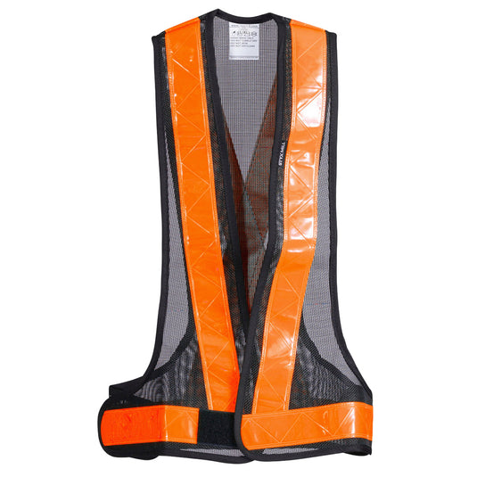 Hi Vis Harness Safety Vest shown against a white background, featuring a lightweight, breathable black mesh with reflective orange details and an adjustable Velcro system, ideal for safety and comfort.