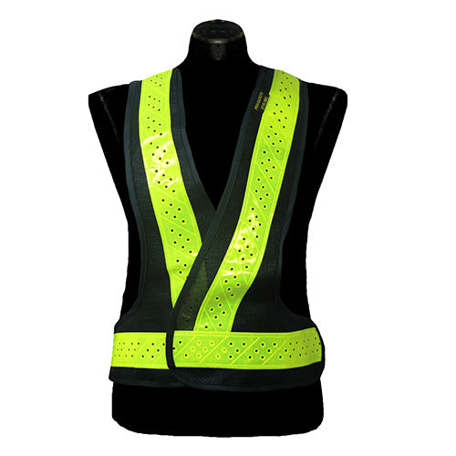 Hi Vis Harness Vest displayed on a mannequin, featuring high-grade reflective strips. This New Zealand-made safety attire exemplifies Active Safety's commitment to quality high-visibility clothing for workplace safety.