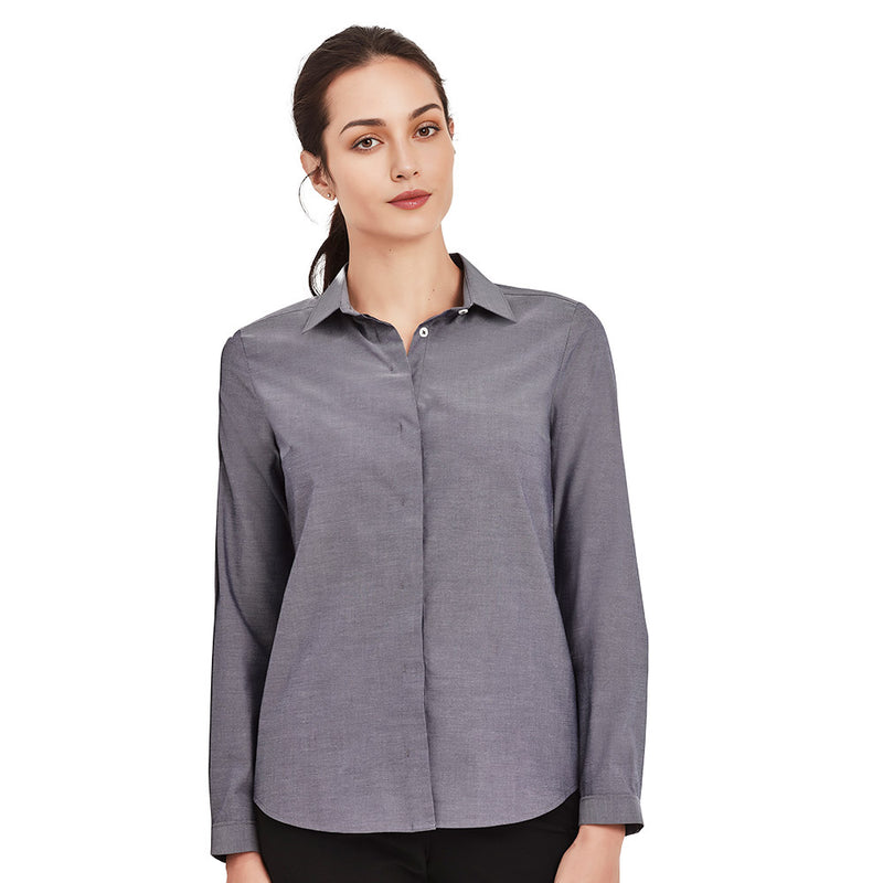 Load image into Gallery viewer, Biz Womens Charlie Long Sleeve Shirt with a semi-fitted style and slimline collar, featuring a concealed front placket and hidden bust button, ideal for professional work environments.