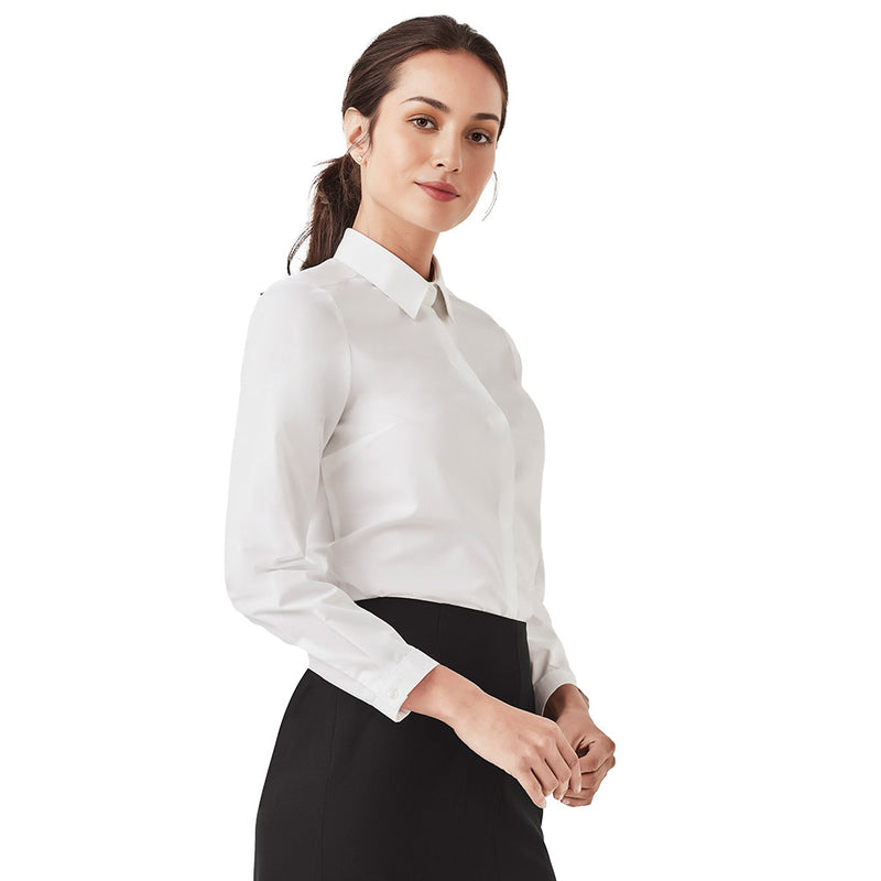 Load image into Gallery viewer, Biz Womens Charlie Long Sleeve Shirt displayed on a woman, showcasing its semi-fitted style with a slimline collar and concealed front placket, ideal for a professional, smart casual look.