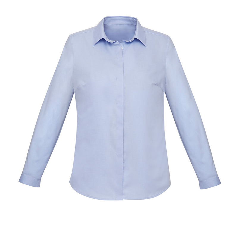 Load image into Gallery viewer, Biz Womens Charlie Long Sleeve Shirt features a semi-fitted design with a slimline collar and concealed front placket, ideal for professional settings. Its chambray weave and hidden bust button ensure comfort and style.