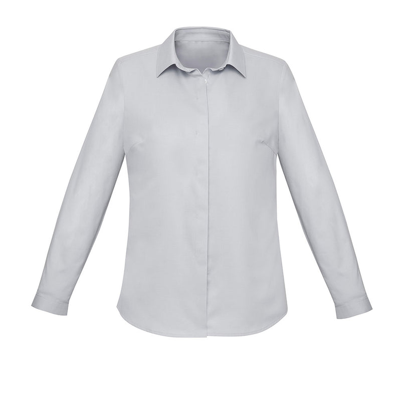 Load image into Gallery viewer, Biz Womens Charlie Long Sleeve Shirt features a semi-fitted, chambray weave with a concealed front placket and adjustable cuffs. Ideal for professional settings, it offers comfort and a sleek, modern style.