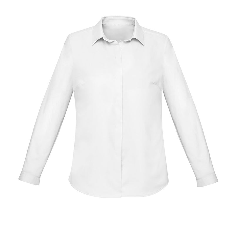 Load image into Gallery viewer, Biz Womens Charlie Long Sleeve Shirt, featuring a semi-fitted design with a slimline collar and concealed placket. Perfect for professional settings, it offers comfort with mechanical stretch and a hidden bust button for a sleek look.