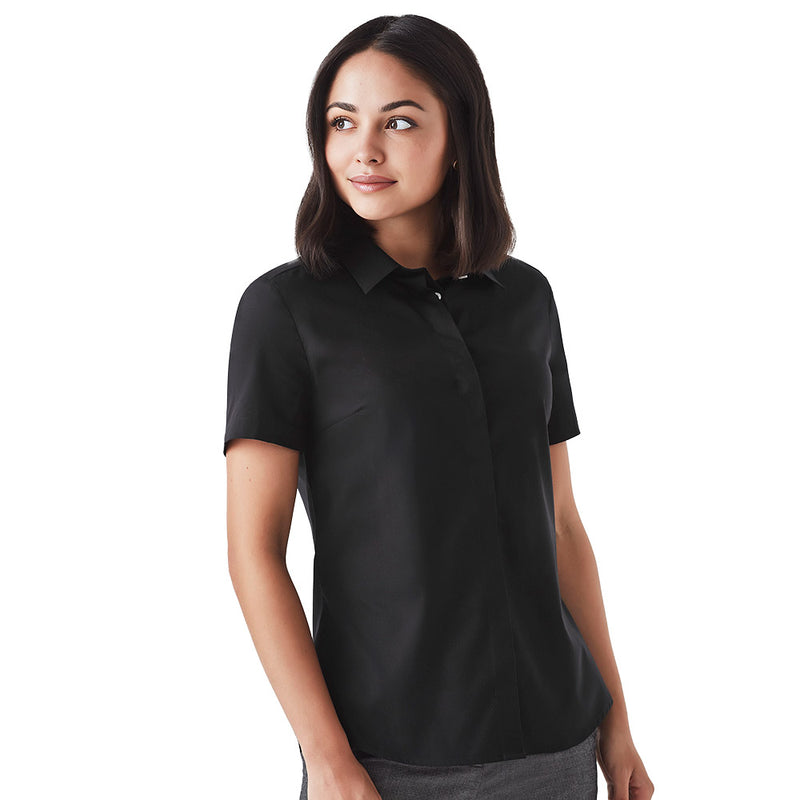 Load image into Gallery viewer, Biz Womens Charlie Short Sleeve Shirt worn by a woman; semi-fitted with concealed placket and slimline collar, ideal for workplace environments. Focus on waist and upper body, highlighting the shirt's professional design.