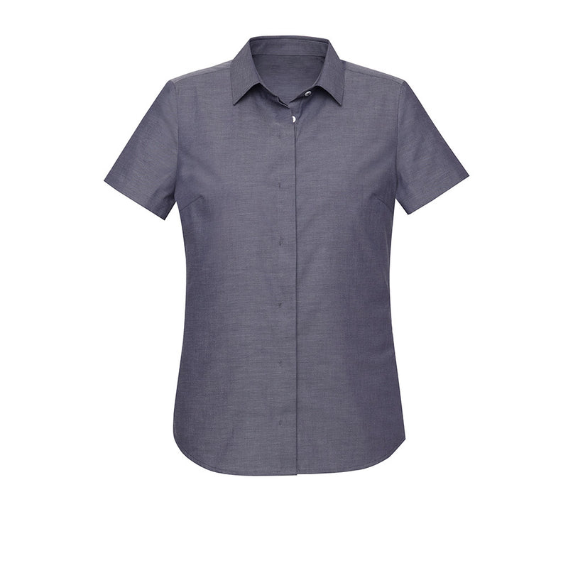 Load image into Gallery viewer, Biz Womens Charlie Short Sleeve Shirt features a semi-fitted design with a slimline collar and concealed placket, ideal for professional work environments. The shirt offers a mechanical stretch for comfort and a stylish chambray weave.