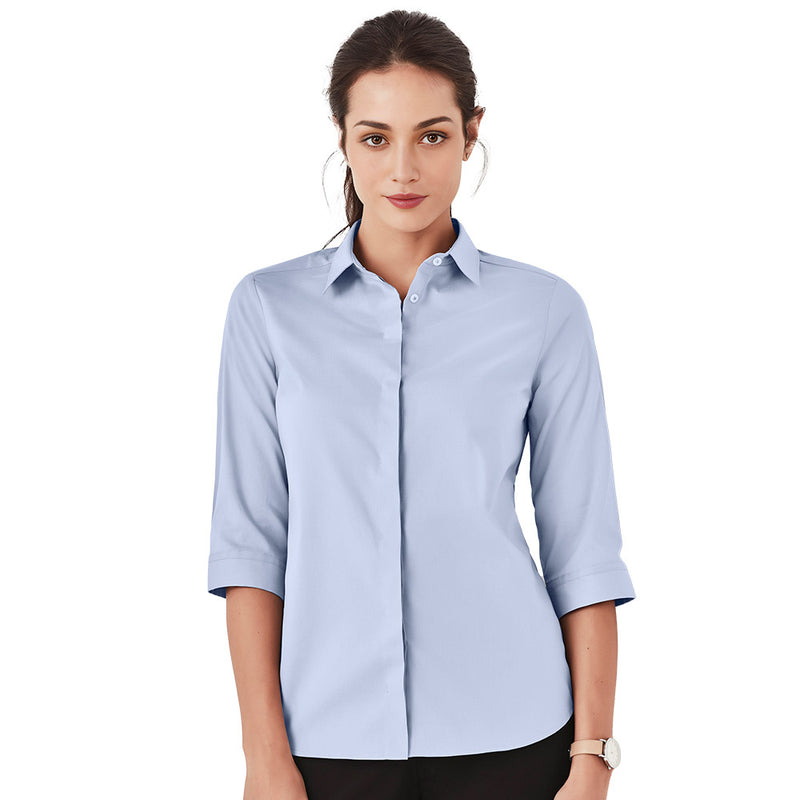 Load image into Gallery viewer, Biz Womens Charlie 3/4 Sleeve Shirt showcased on a woman, highlighting its semi-fitted design with a slimline collar and concealed placket, ideal for a smart casual workplace setting.