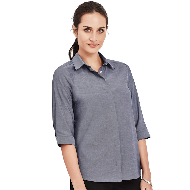 Load image into Gallery viewer, Biz Womens Charlie 3/4 Sleeve Shirt features a semi-fitted design with a concealed front placket and bar-tack details, ideal for modern work environments focusing on safety and comfort.