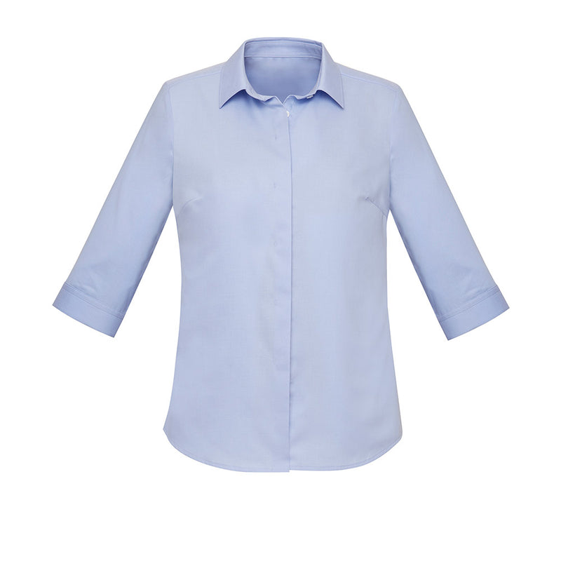 Load image into Gallery viewer, Biz Womens Charlie 3/4 Sleeve Shirt features a semi-fitted, chambray weave with a concealed placket and bar-tack detailing. Designed for comfort and professionalism, it includes a secret bust button and adjustable cuffs.