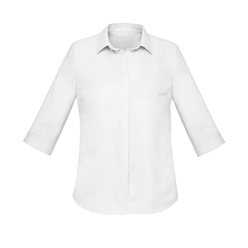 Load image into Gallery viewer, Biz Womens Charlie 3/4 Sleeve Shirt features a semi-fitted design with a concealed front placket and slimline collar, ideal for professional settings. Adjustable cuffs and a hidden bust button enhance comfort and functionality.