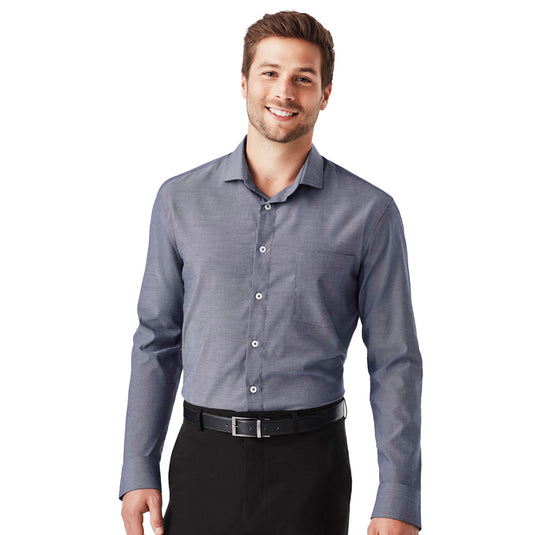 Biz Charlie Classic Fit Long Sleeve Shirt worn by a smiling man, showcasing its smart casual style with a classic collar and button details, ideal for professional and comfortable workwear settings.