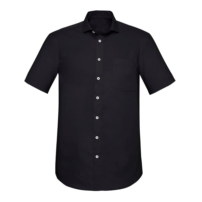 Load image into Gallery viewer, Biz Charlie Classic Fit S/S Shirt with a sleek design featuring black fabric, a chest pocket, white buttons, and a collar, ideal for smart casual workwear, offering comfort and style.