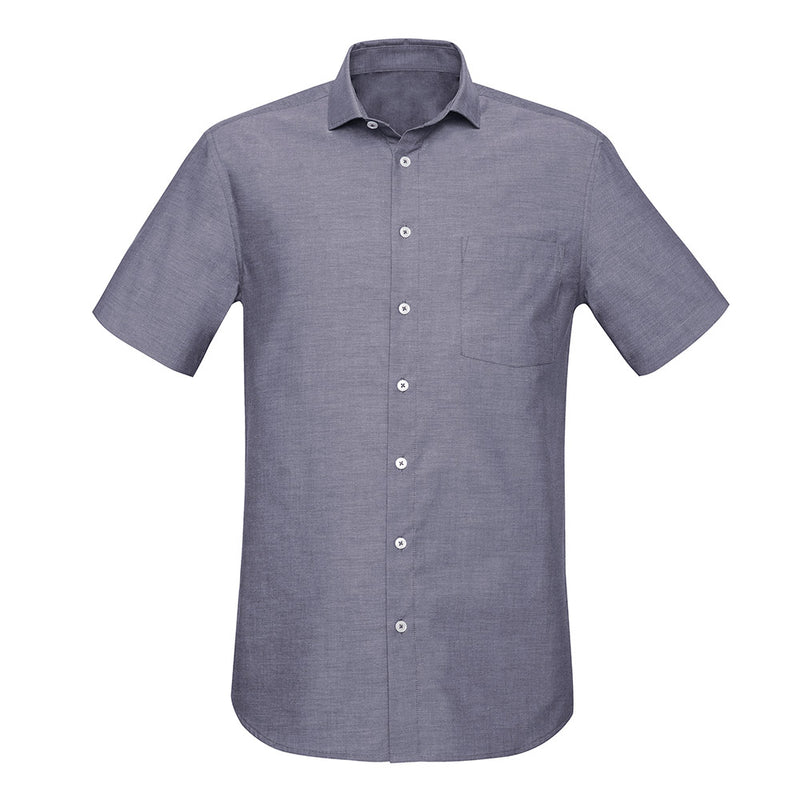 Load image into Gallery viewer, Biz Charlie Classic Fit S/S Shirt, featuring a grey design with a chest pocket and white button detailing, exemplifies smart casual style suitable for diverse work environments.