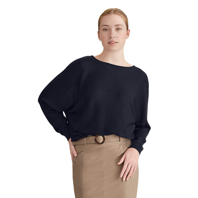 Load image into Gallery viewer, Biz Skye Women's Batwing Sweater Top crafted from sustainable Lyocell, features a relaxed fit with dropped shoulders, dolman sleeves, and a hip-length hem, ideal for versatile, comfortable wear.