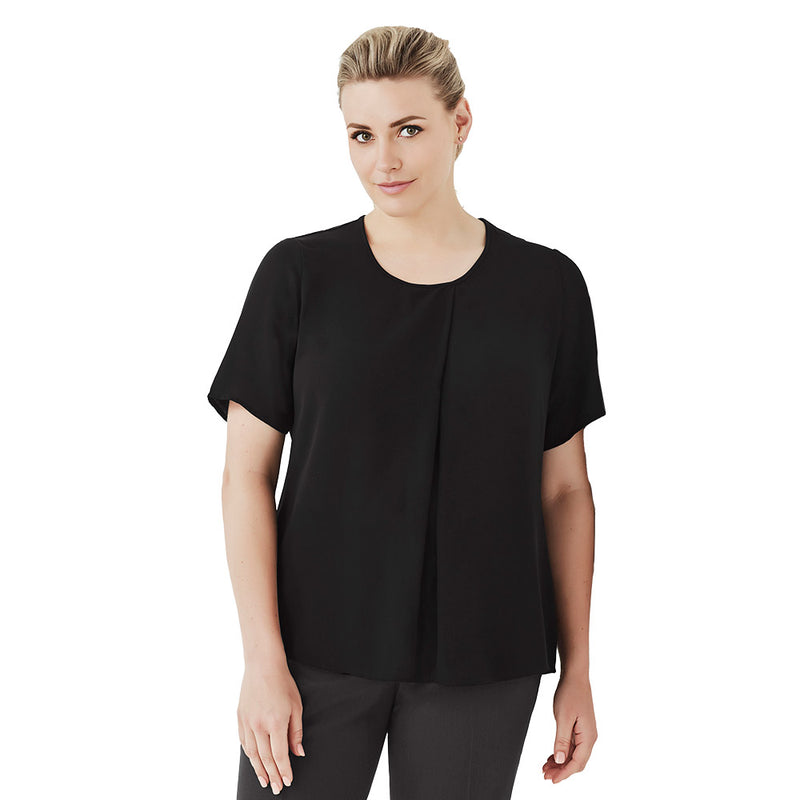 Load image into Gallery viewer, Biz Sydney Women's Short Sleeve T-Top, featuring a loose fit with a breezy Georgette front and sleeves, complemented by a stretch jersey back, suitable for elegant, comfortable workwear.