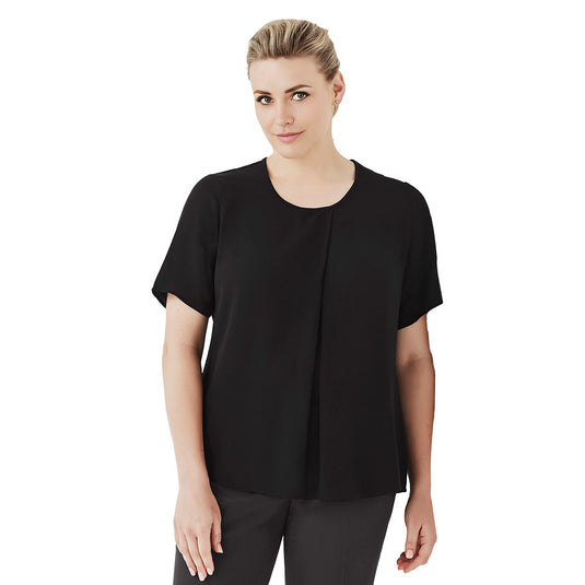 Biz Sydney Women's Short Sleeve T-Top, featuring a loose fit with a breezy Georgette front and sleeves, complemented by a stretch jersey back, suitable for elegant, comfortable workwear.