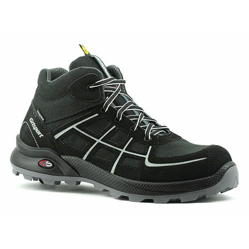 Grisport Rush Safety Boots featuring a black design with grey soles and white stripes, ideal for workplace protection. These lightweight, metal-free boots include a composite toe cap and anti-slip soles.