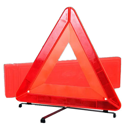 Reflective Safety Warning Triangle on a stand, featuring a red triangular design with a compact storage case, ideal for road safety and emergency situations, available from Active Safety's range of workplace supplies.