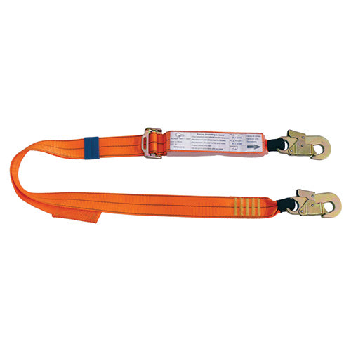 QSI Adjustable Lanyard 2M, featuring double action snap hooks, shown in a close-up highlighting its adjustable, shock-absorbing design, ideal for height safety applications in workplace environments.