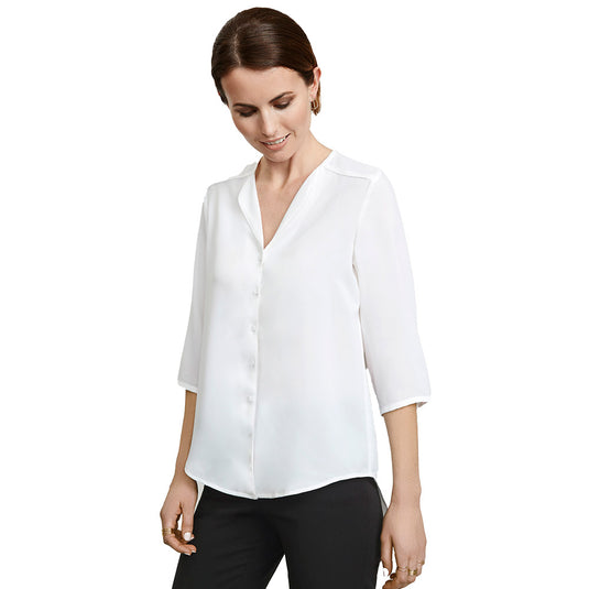 Biz Womens Lily Longline Blouse featuring a fluid, loose-fitting silhouette with a soft petal-shaped lapel, designed for effortless elegance and ease of movement, suitable for workplace and casual settings.