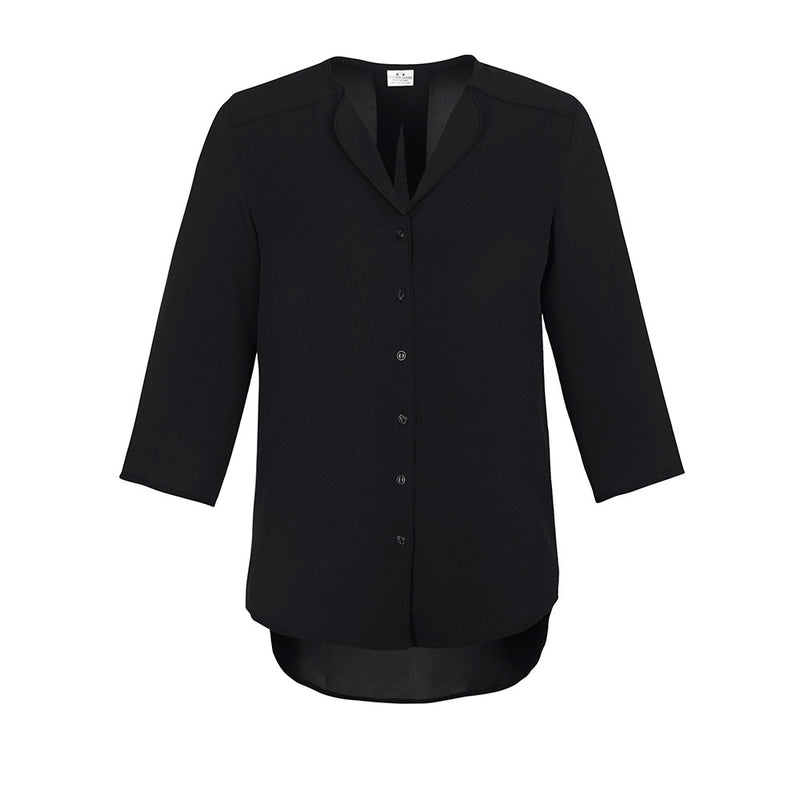 Load image into Gallery viewer, Biz Womens Lily Longline Blouse showcases a soft, fluid design with a loose-fitting silhouette and extended back tail, featuring a petal-shaped lapel and crossover front, ideal for effortless, elegant workwear.