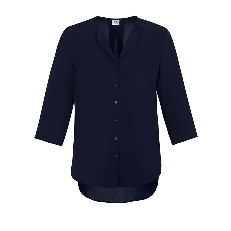 Load image into Gallery viewer, Biz Womens Lily Longline Blouse showcases an effortless, elegant silhouette with a soft petal lapel and hi-lo design, ideal for workplace comfort and mobility, aligning with Active Safety's focus on uniform practicality.