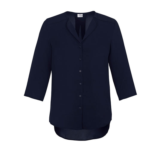 Biz Womens Lily Longline Blouse showcases an effortless, elegant silhouette with a soft petal lapel and hi-lo design, ideal for workplace comfort and mobility, aligning with Active Safety's focus on uniform practicality.